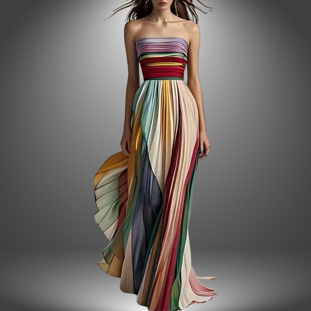 Lydia | Rainbow Pleated Strapless Maxi Dress