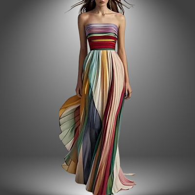 Lydia | Rainbow Pleated Strapless Maxi Dress