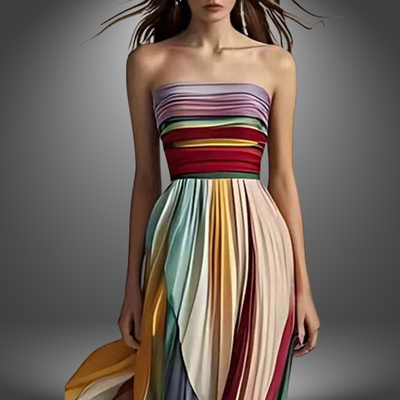 Lydia | Rainbow Pleated Strapless Maxi Dress