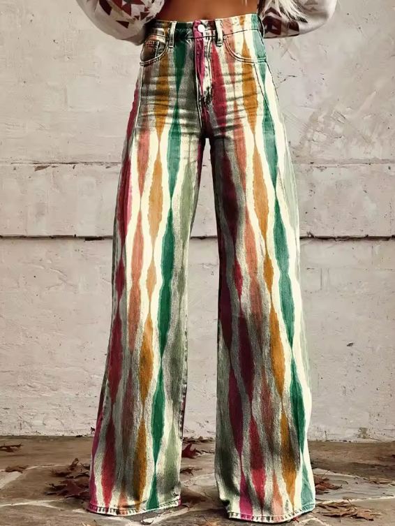 Leona | Retro Wave Print Wide-Leg Jeans
