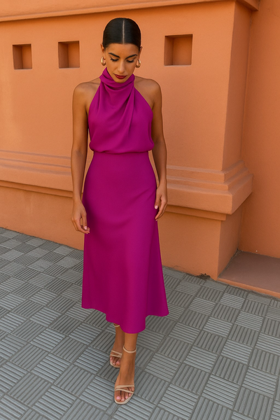 Elena | Satin Halter-Neck Midi Dress