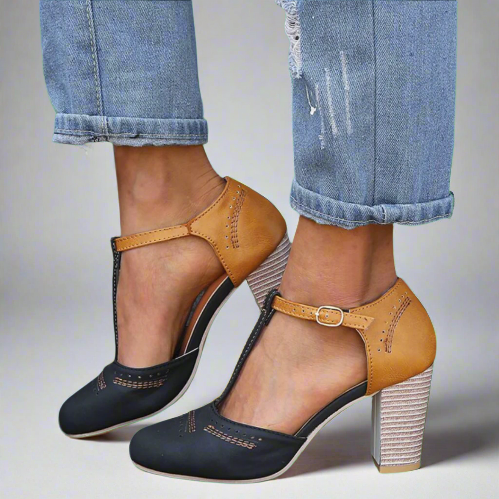 Clara | Two-Tone Retro T-Strap Heels