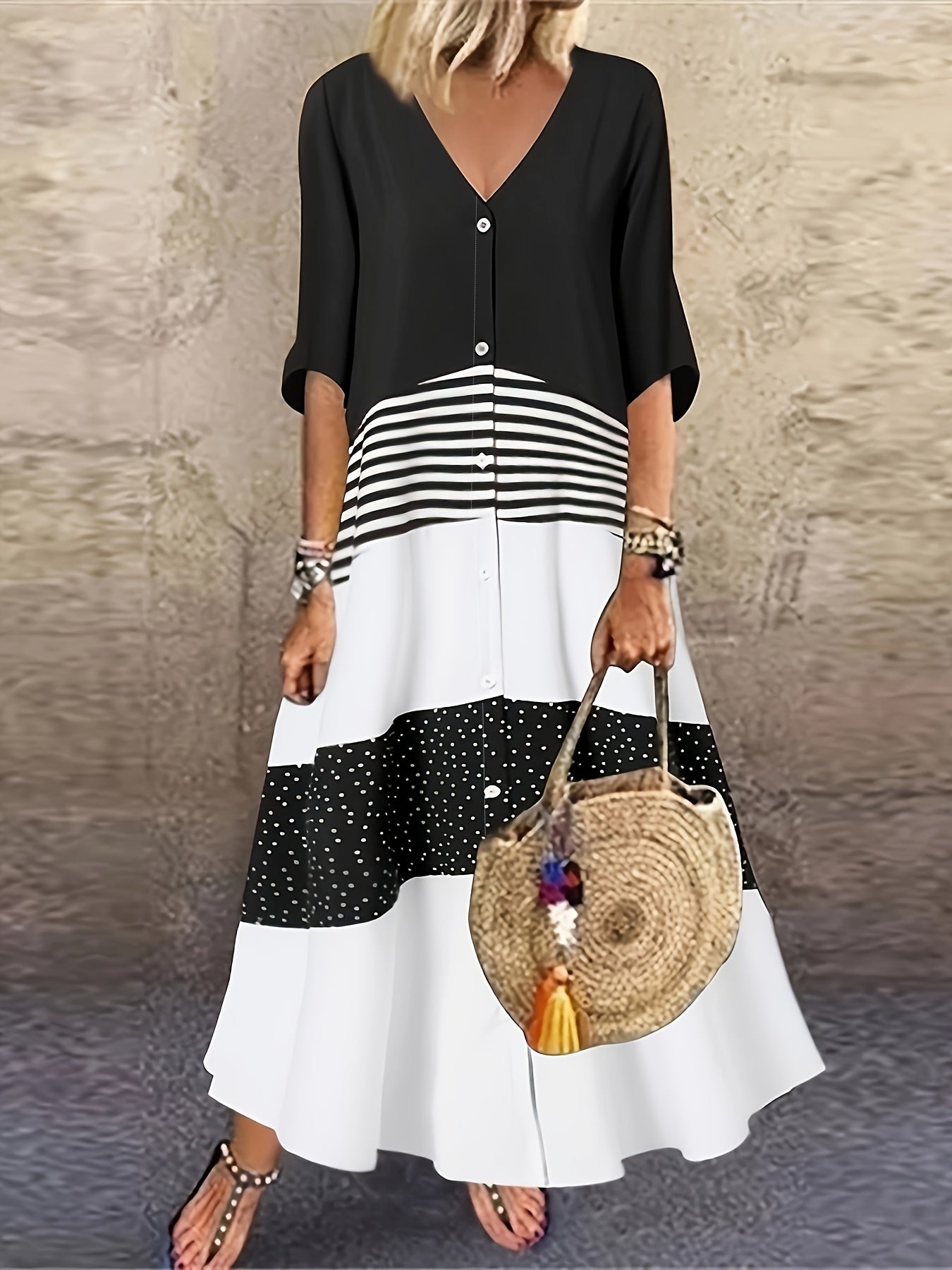 Paige | V-Neck Button-Front Panel Maxi Dress