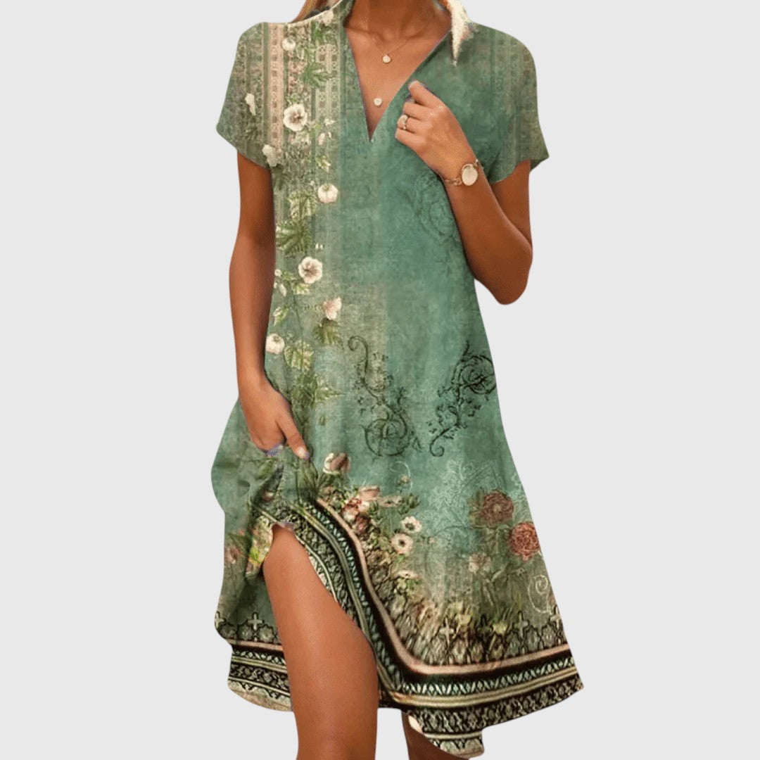 Aria | Red Boho Charm V-Neck Dress