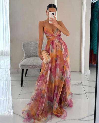 Aurora | Sunset Bloom Pleated Chiffon Gown