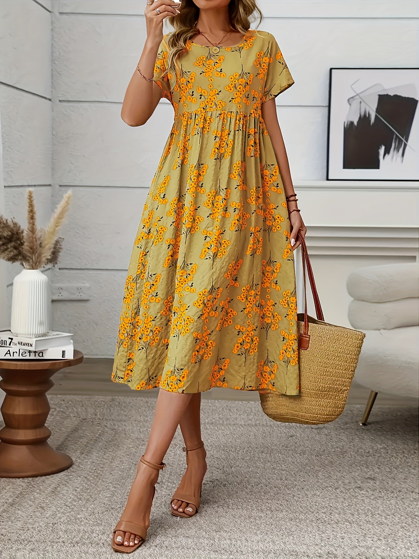 Ella | Vibrant Coral Floral Midi Dress
