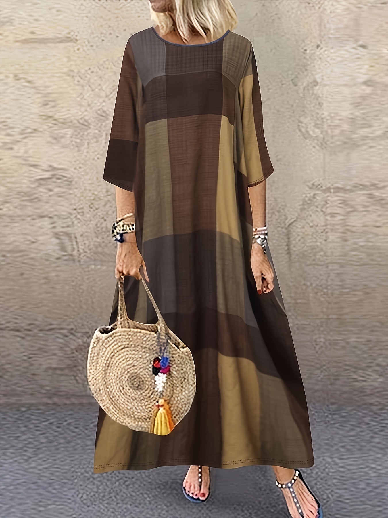 Greta | Earth-Tone Plaid Oversized Maxi Dress