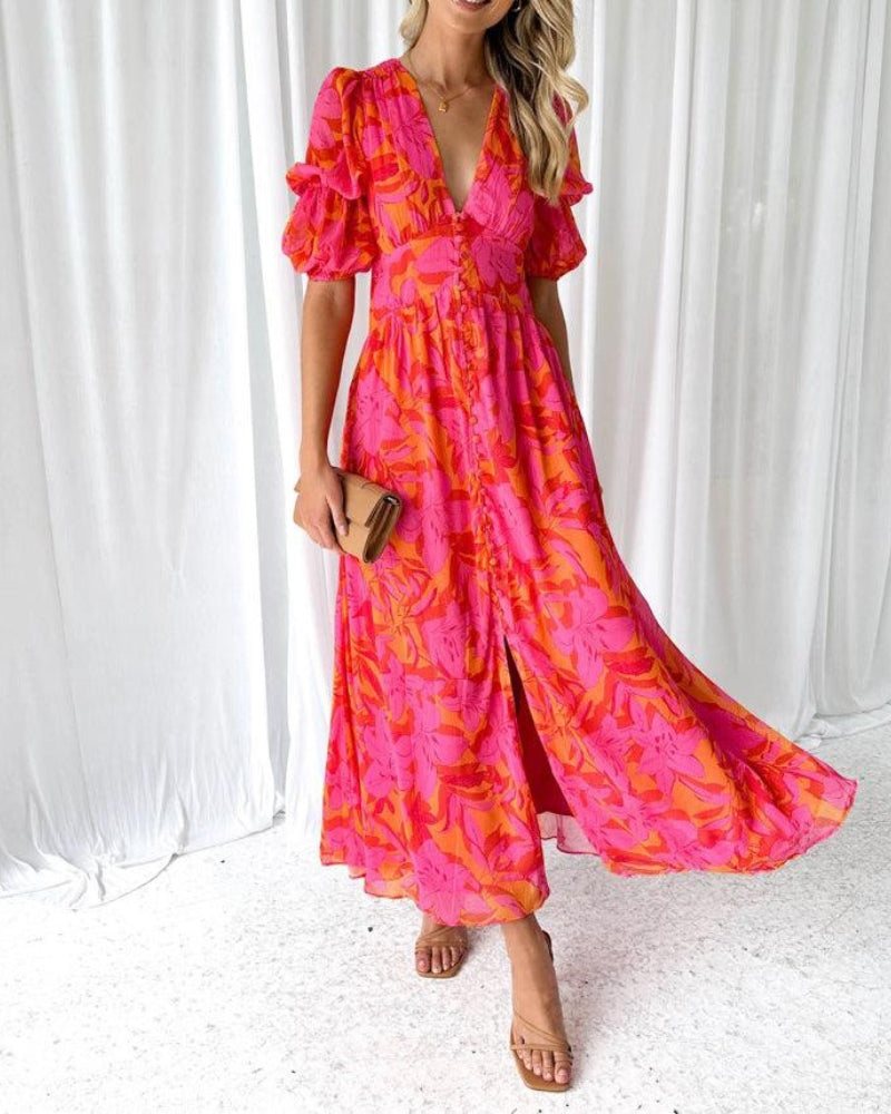 Alva | Elegant V-Neck Puff Sleeve Dress