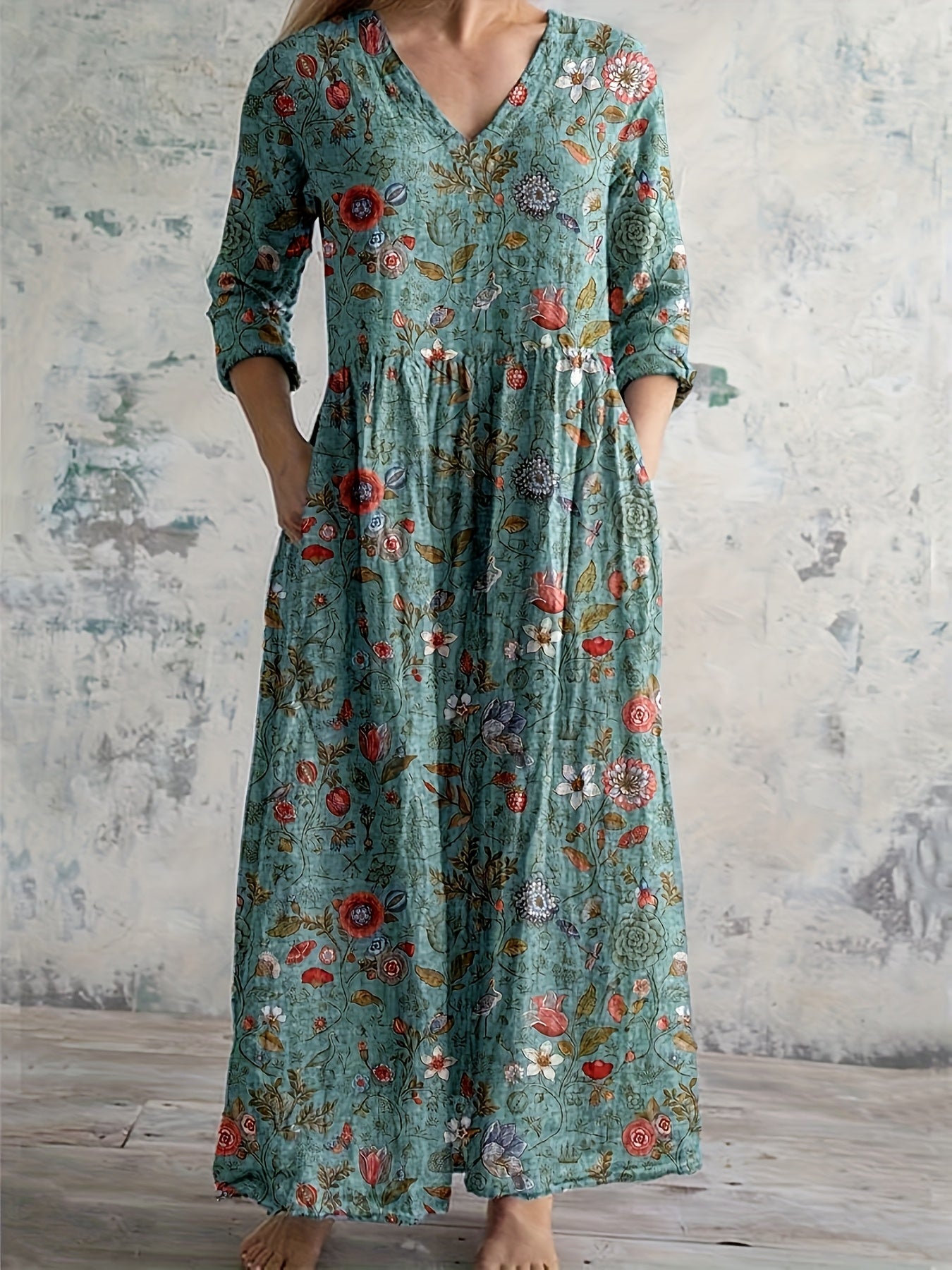 Lillian | Teal V-Neck Floral Dress
