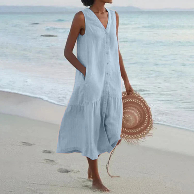 Skye | Light Blue Button-Front Sleeveless Midi Dress