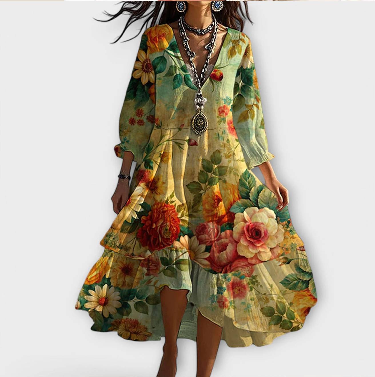 Juliette | Golden Bloom Ruffle Maxi Dress