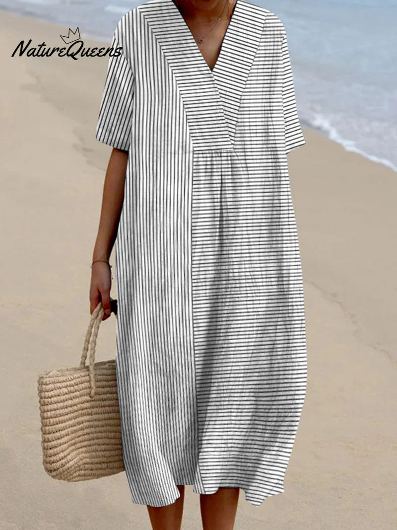 Margot | Classic Pinstripe V-Neck Midi Dress