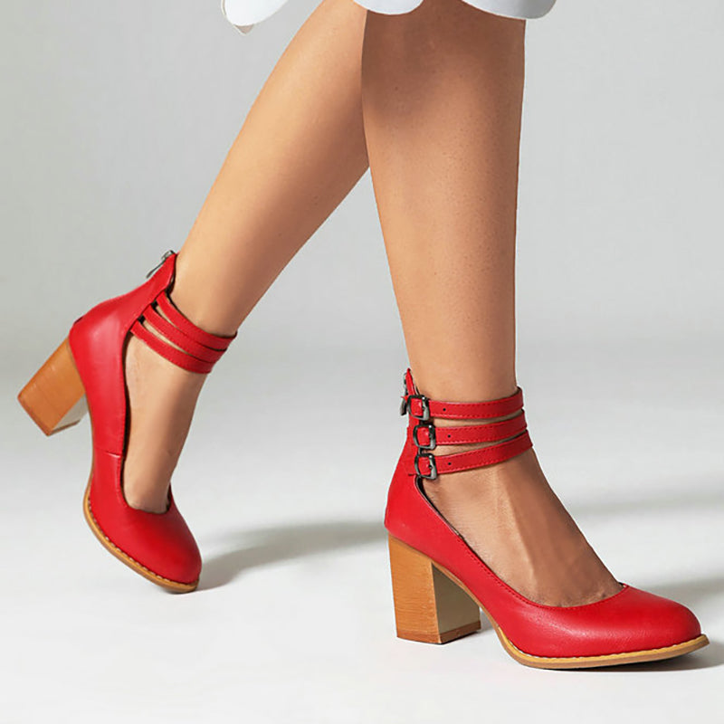 Clara | Smooth Ankle-Strap Sandals with Block Heel