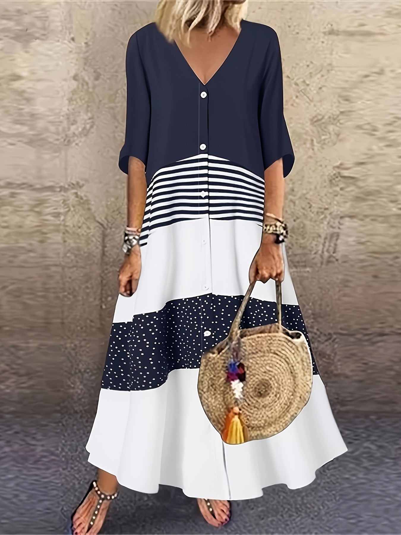 Paige | V-Neck Button-Front Panel Maxi Dress