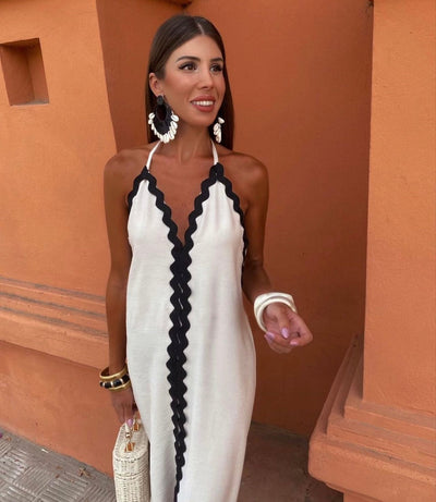 Noelle | Scallop-Trim Halter Slit Maxi Dress