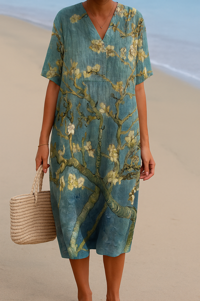 Elodie | Tranquil Blossom Linen Midi Dress