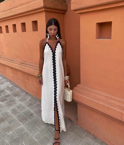 Noelle | Scallop-Trim Halter Slit Maxi Dress