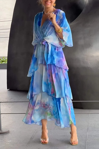 Elodie | Watercolour Layered Chiffon Wrap Dress
