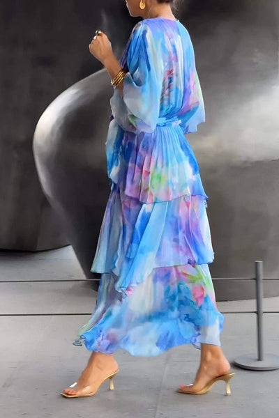 Elodie | Watercolour Layered Chiffon Wrap Dress