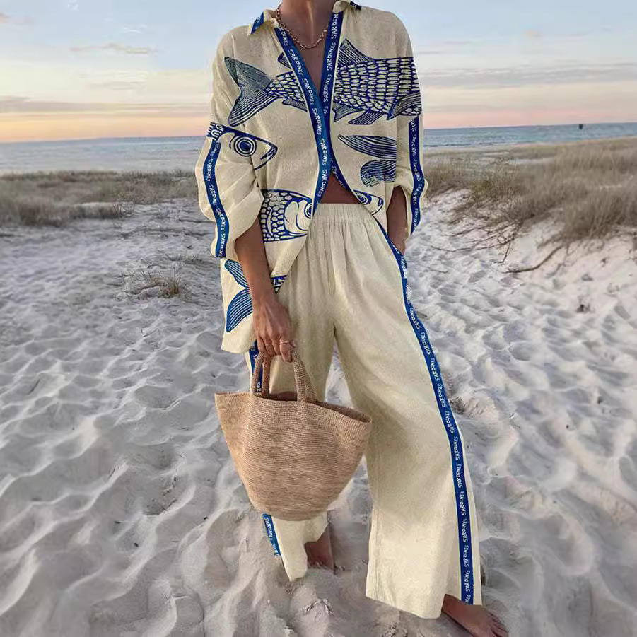 Hazel | Sky Fish Linen Loungewear Set
