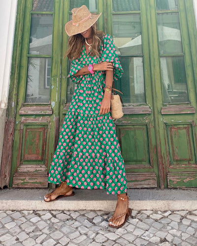Phoebe | Green Rose-Print Balloon Sleeve Dress