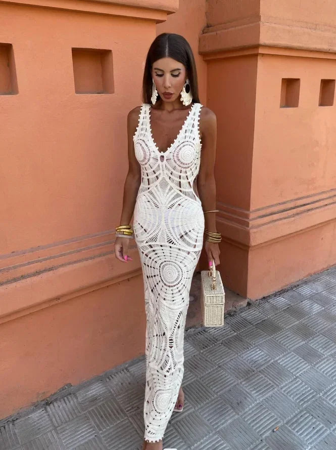 Isabelle | Boho Crochet Lace Fitted Maxi Dress