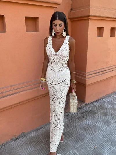 Isabelle | Boho Crochet Lace Fitted Maxi Dress