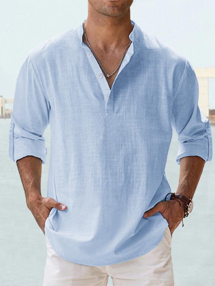Luca | Light Blue Casual Linen-Blend Beach Shirt