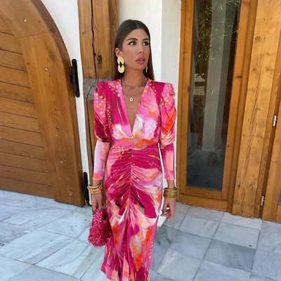 Valeria | Abstract Sunset Ruched Midi Dress