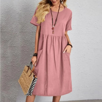Mira | Navy Short-Sleeve Gathered Midi Dress