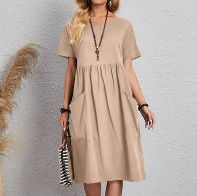 Mira | Navy Short-Sleeve Gathered Midi Dress