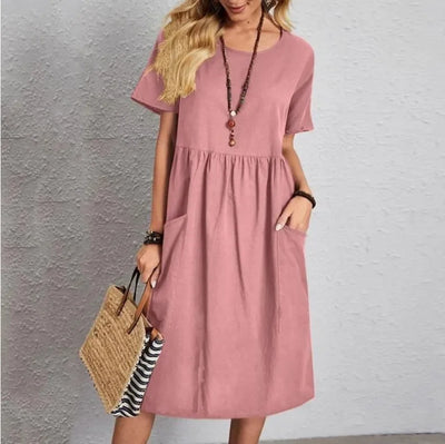 Mira | Navy Short-Sleeve Gathered Midi Dress