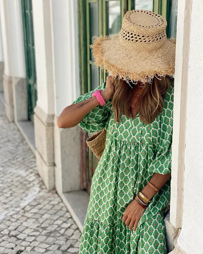 Phoebe | Green Rose-Print Balloon Sleeve Dress