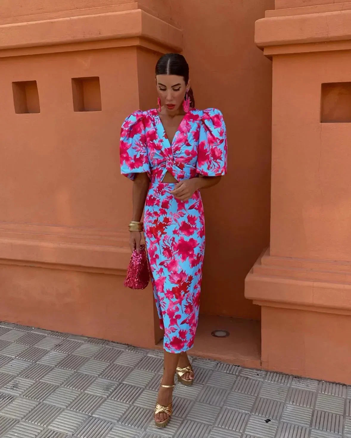 Flora | Bold Puff-Sleeve Cut-Out Midi Dress