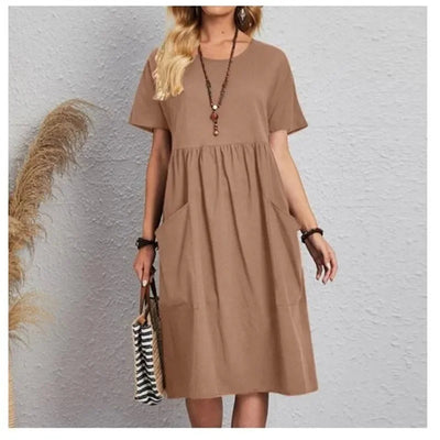 Mira | Navy Short-Sleeve Gathered Midi Dress
