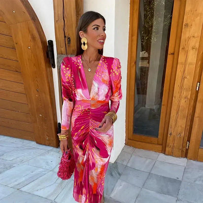 Valeria | Abstract Sunset Ruched Midi Dress