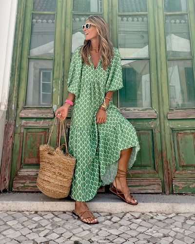 Phoebe | Green Rose-Print Balloon Sleeve Dress