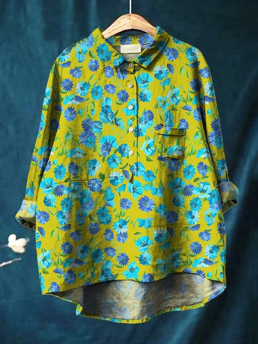 Marina | Blue Blossom Button-Up Linen Shirt