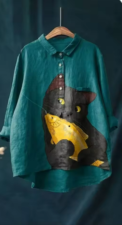 Clara | Curious Cat & Fish Embroidered Shirt