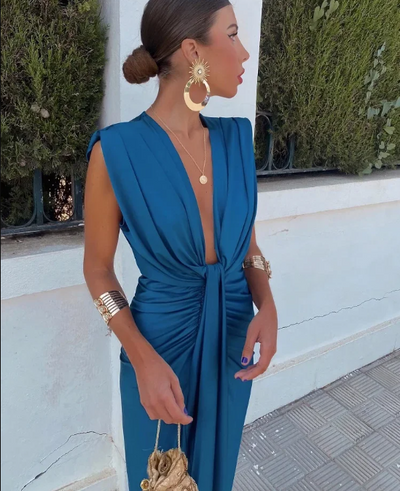 Elena | Deep Teal Draped Front Evening Dress