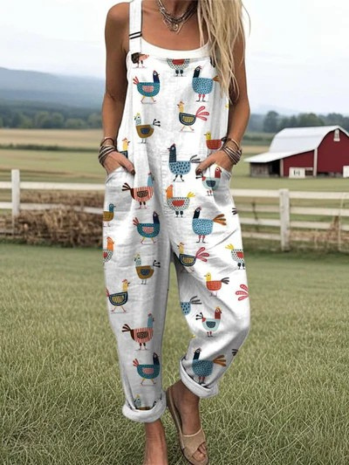 Birdie | Whimsical Hen Print Overalls