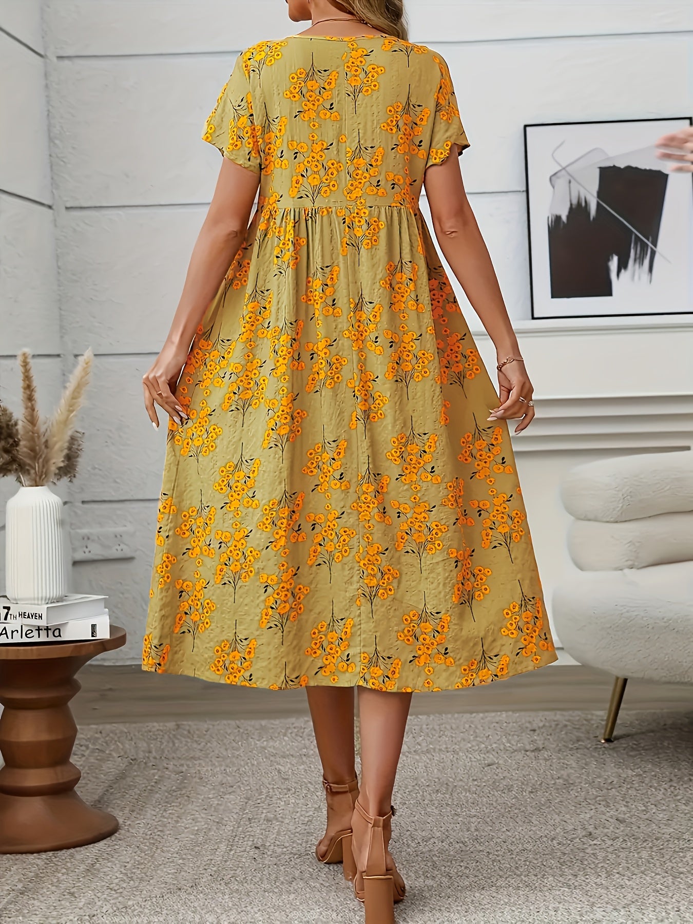 Ella | Vibrant Coral Floral Midi Dress