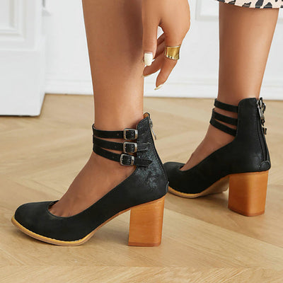 Clara | Smooth Ankle-Strap Sandals with Block Heel