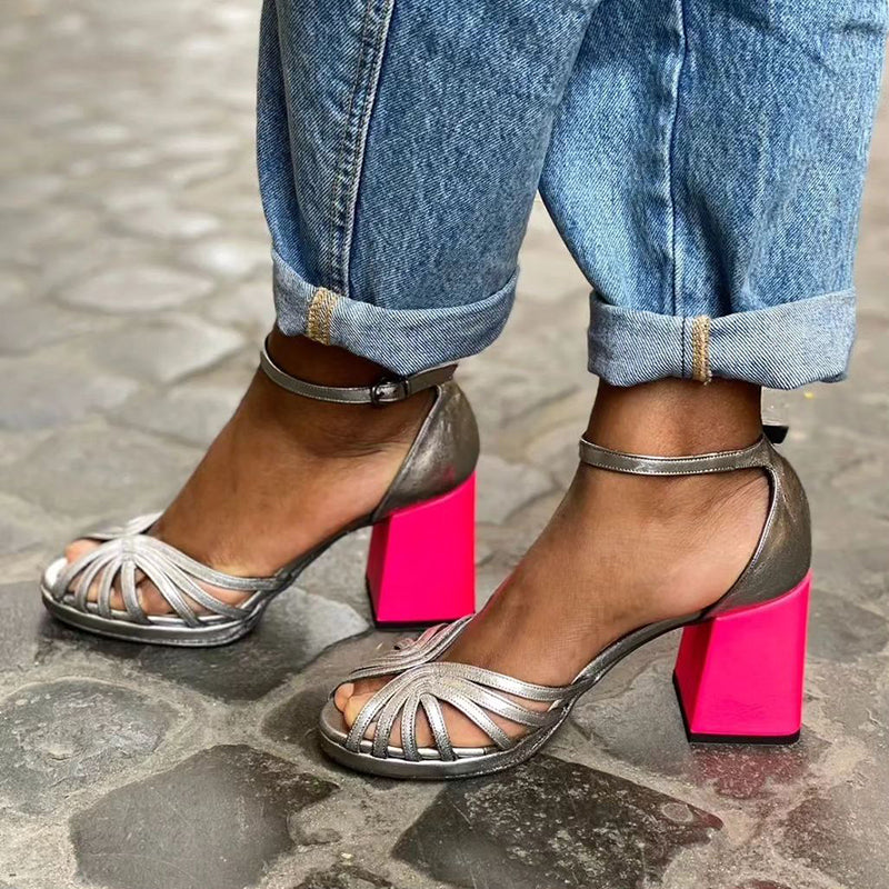 Noelle | Glossy Block Heel Sandals with Refined Buckle