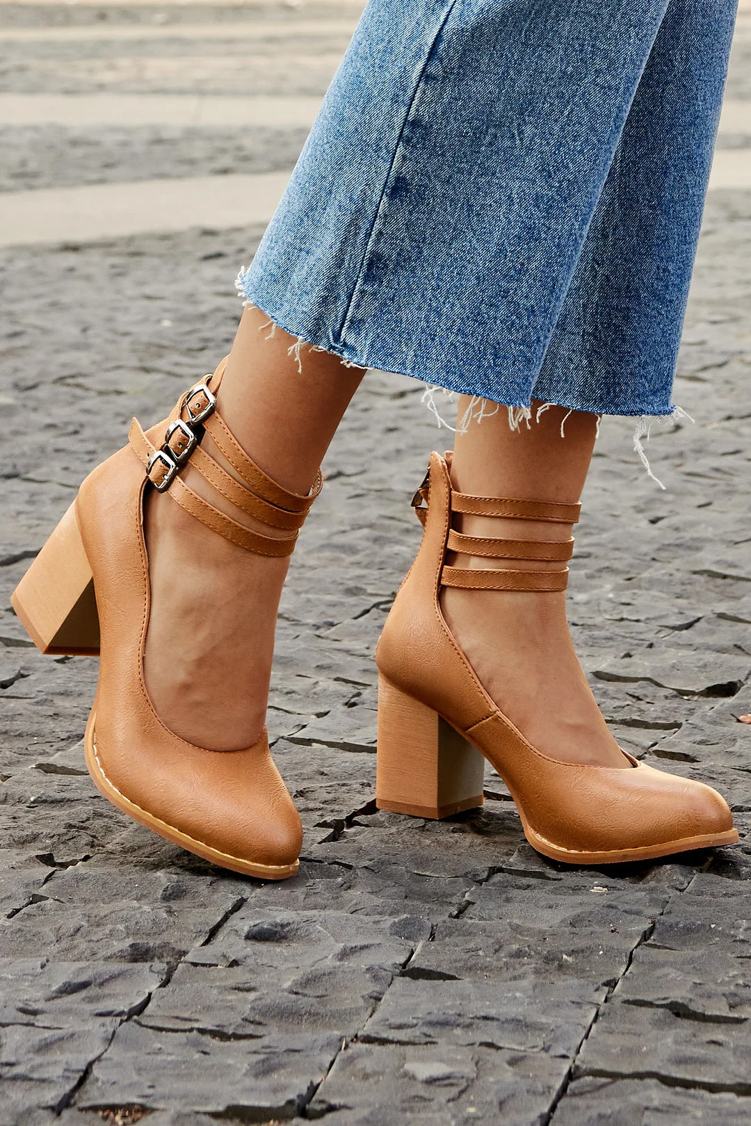 Clara | Smooth Ankle-Strap Sandals with Block Heel