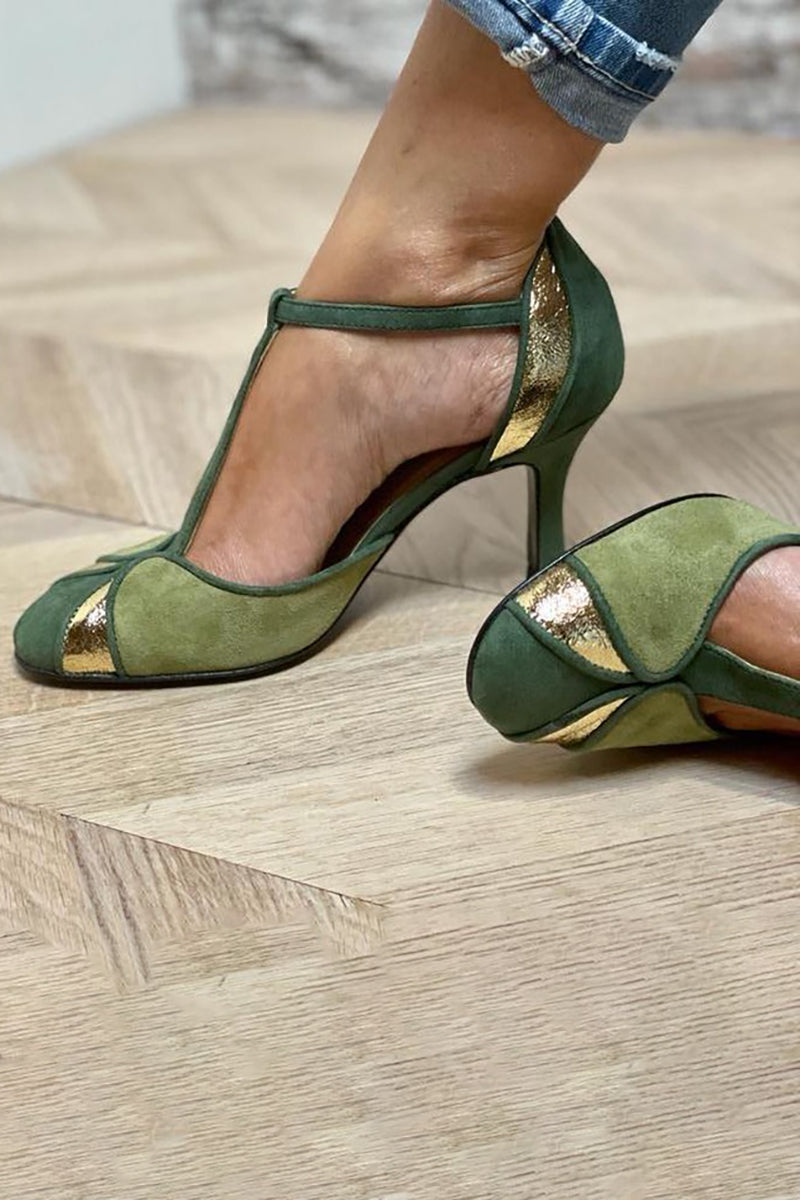 Celeste | Green & Gold Retro T-Strap Heels