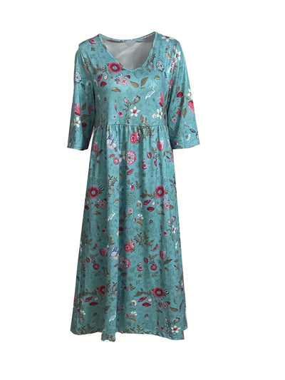 Lillian | Teal V-Neck Floral Dress