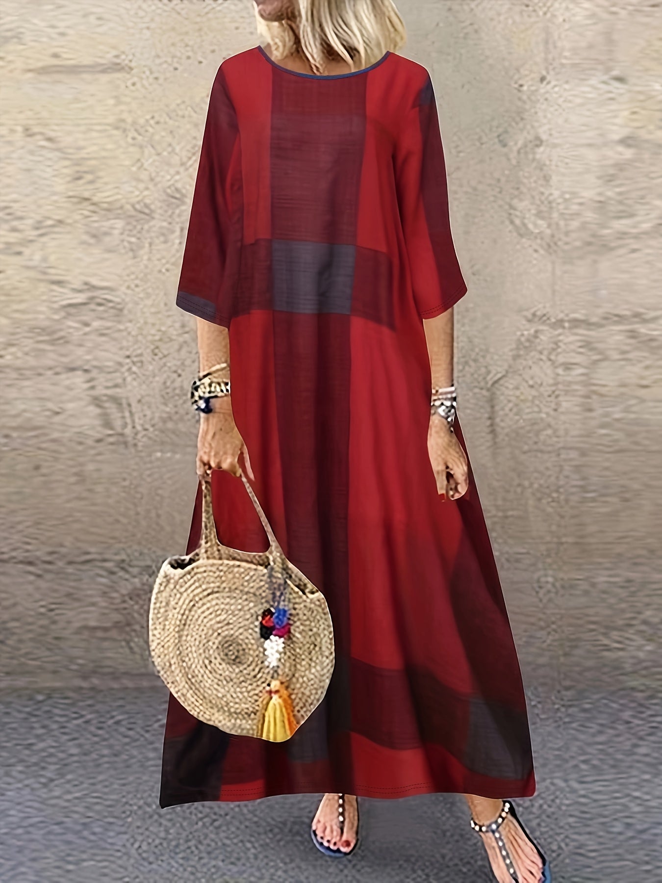 Greta | Earth-Tone Plaid Oversized Maxi Dress