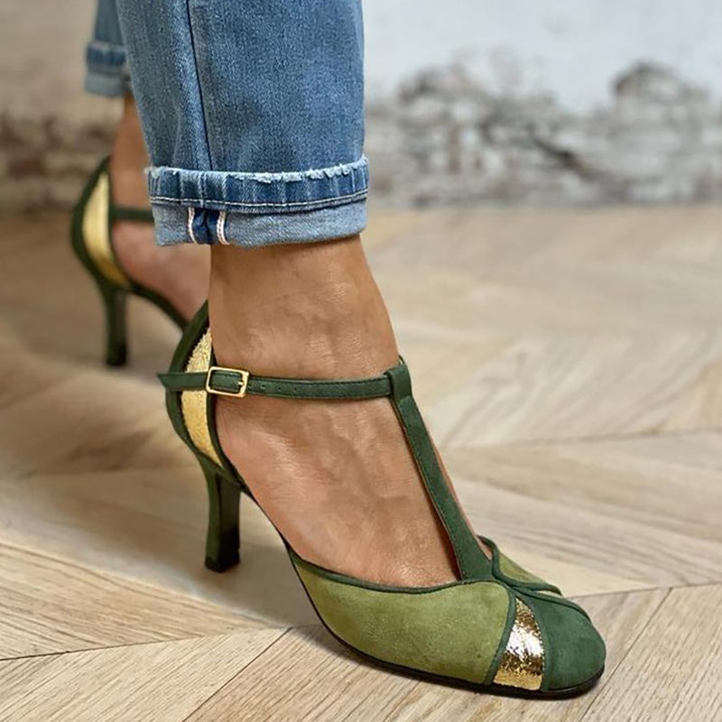 Celeste | Green & Gold Retro T-Strap Heels