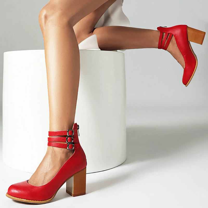 Clara | Smooth Ankle-Strap Sandals with Block Heel